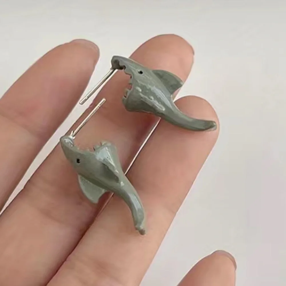 Small Shark Biting Ears Cute Funny Design| Earring Art Stud Jewelry Gift - Picture 4 of 5